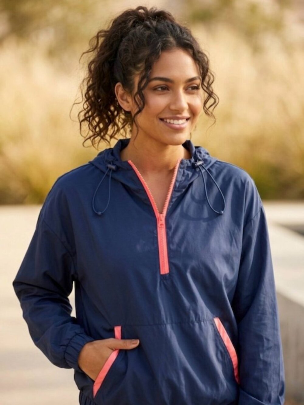 Forever 21 Active Half Zip Pullover Windbreaker Jacket Navy Blue Pink Medium